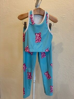 Goldsheep Blue Tank Top and Leggings Set with Pink Bear Print